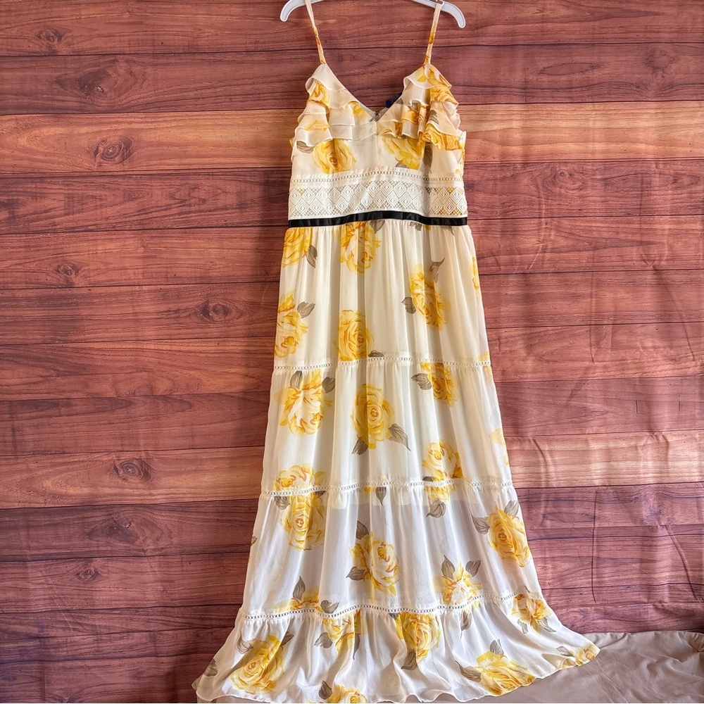 Disney Beauty and the Beast Belle Floral Maxi Dress Yellow Rose Lace Tiered L